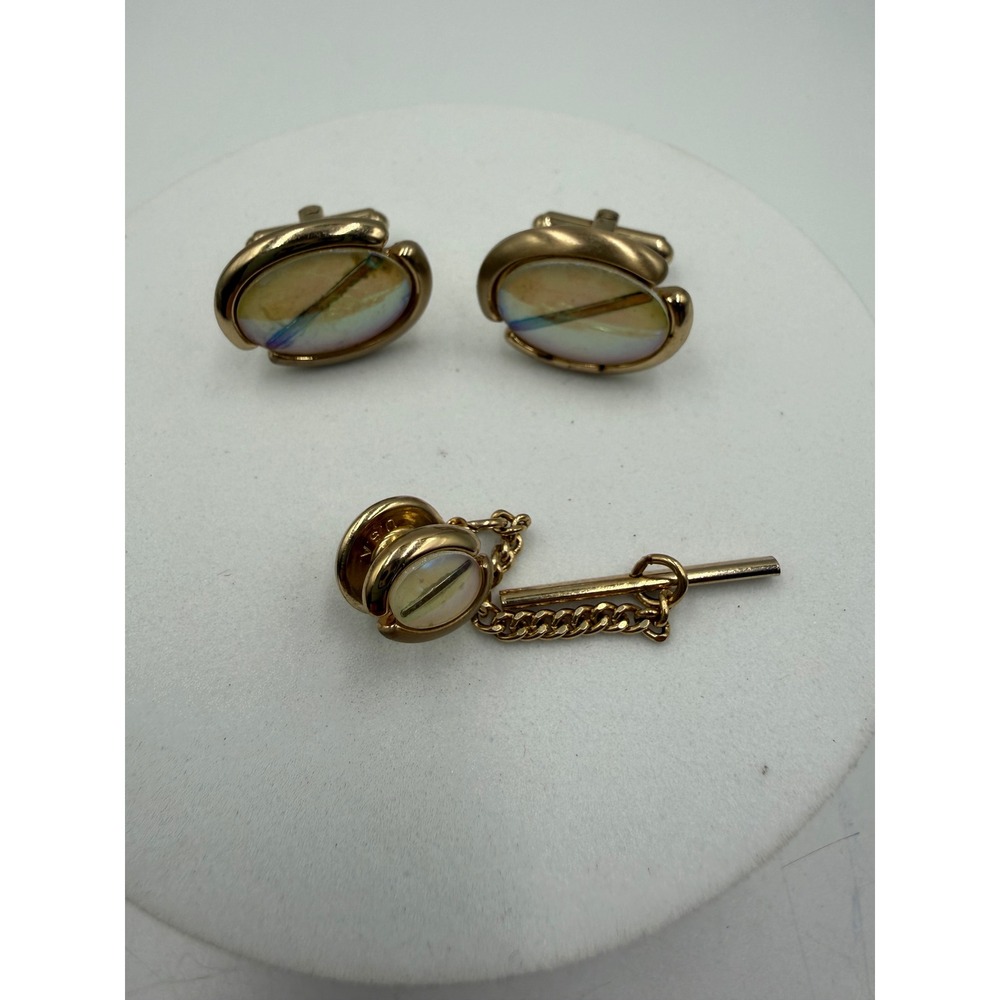 Vintage‎ Hickok Gold Tone Iridescent Inlay Cufflink and Tie Tack Set Mid Century